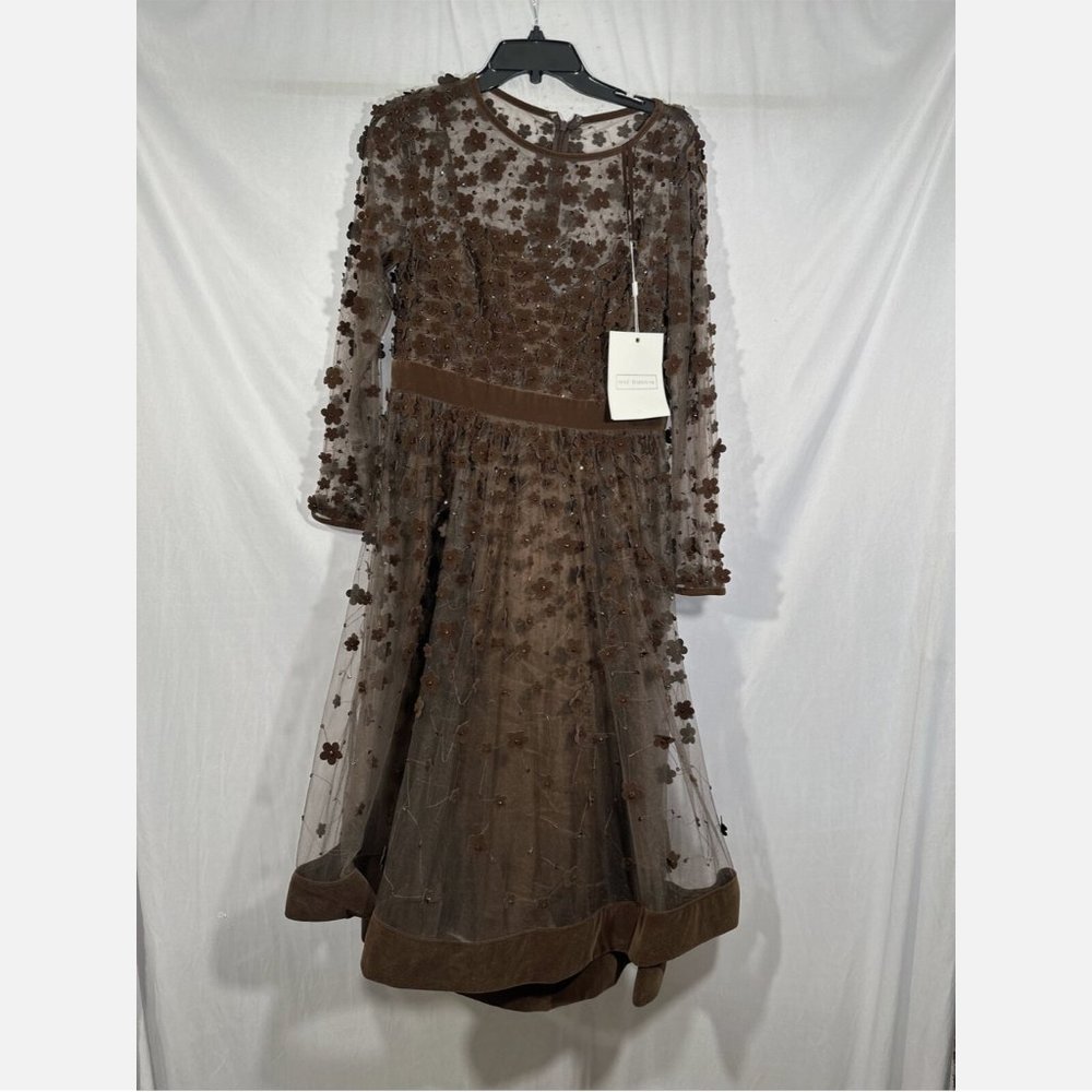NWT Mac Duggal [ 10 ] Floral High Neck Long Sleeve Fit Flare Dress‎ Coffee Brown - Picture 3 of 15